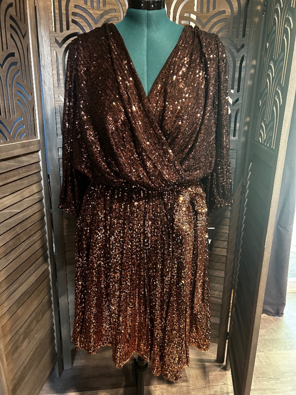 NWT DKNY Bronze Sequin Wrap Dress Plus Size 18W Cocktail Party Holiday